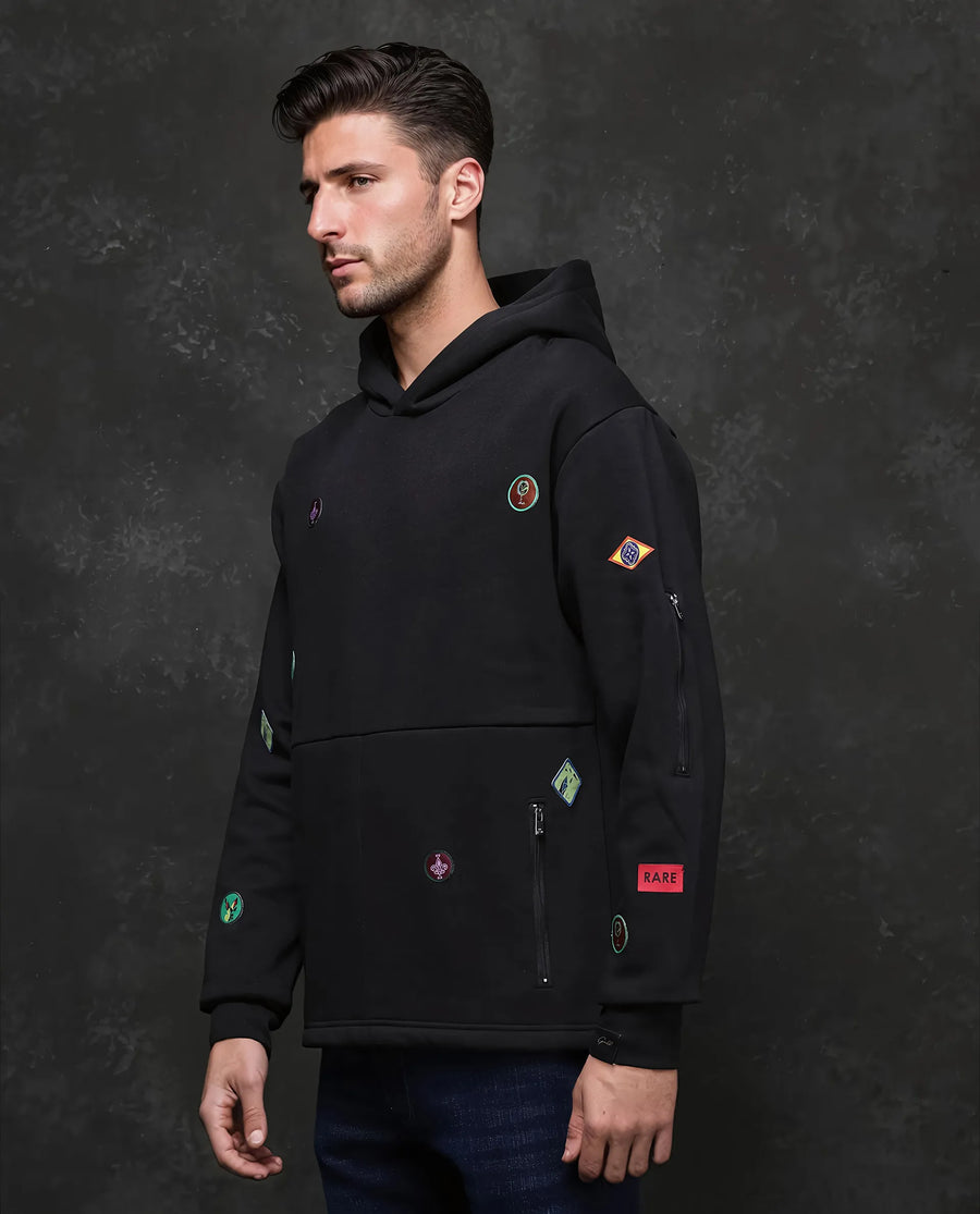 Rare Rabbit Men's Karon Black Cotton Label Print Regular Fit Full Sleeve Hooded Sweatshirt