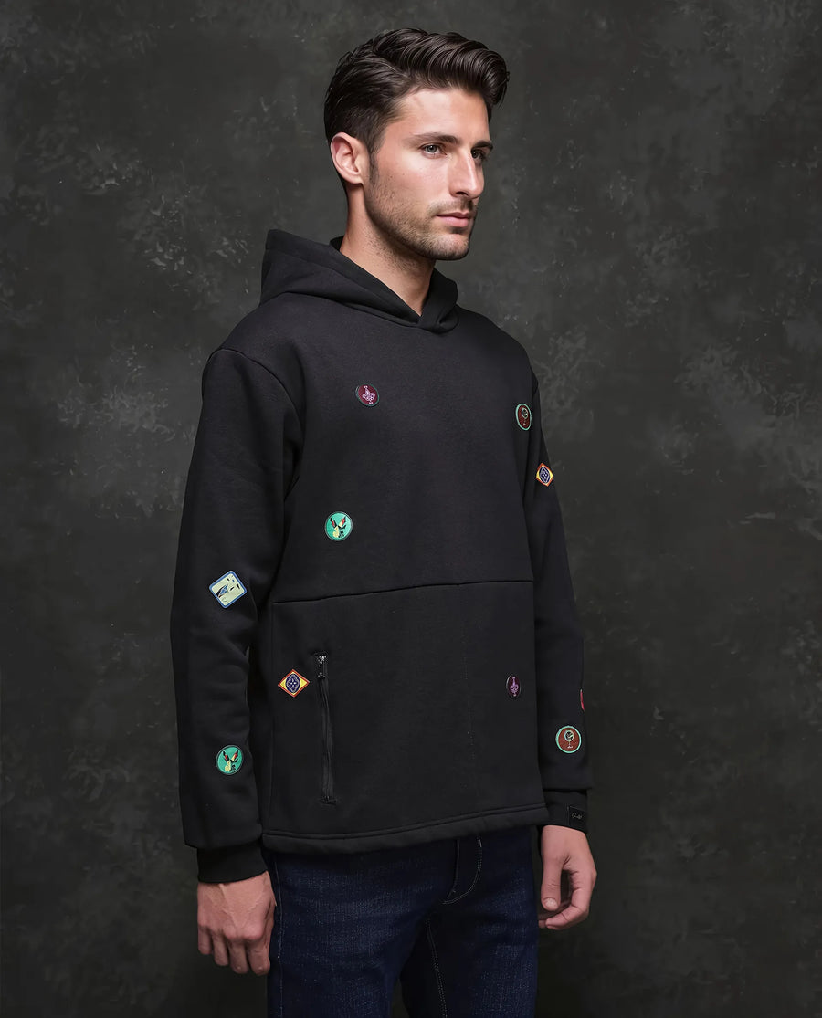 Rare Rabbit Men's Karon Black Cotton Label Print Regular Fit Full Sleeve Hooded Sweatshirt