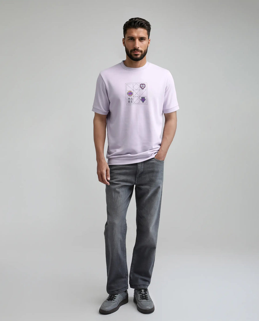 Rare Rabbit Men's Kart Light Purple Cotton Blend Graphic Print Relaxed Fit Half Sleeve Crew Neck T-Shirt