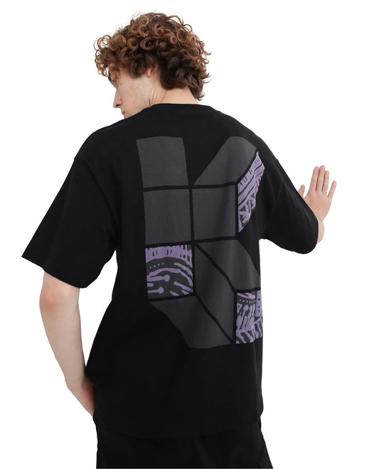 Rare Rabbit Men's Karwo Black Cotton Graphic Print Oversized Fit Half Sleeve Crew Neck T-Shirt