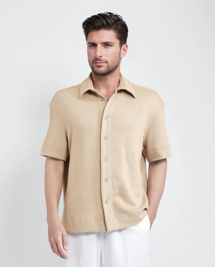 Rare Rabbit Men's Kash Beige Viscose Plain Boxy Fit Half Sleeve Collared Shirt