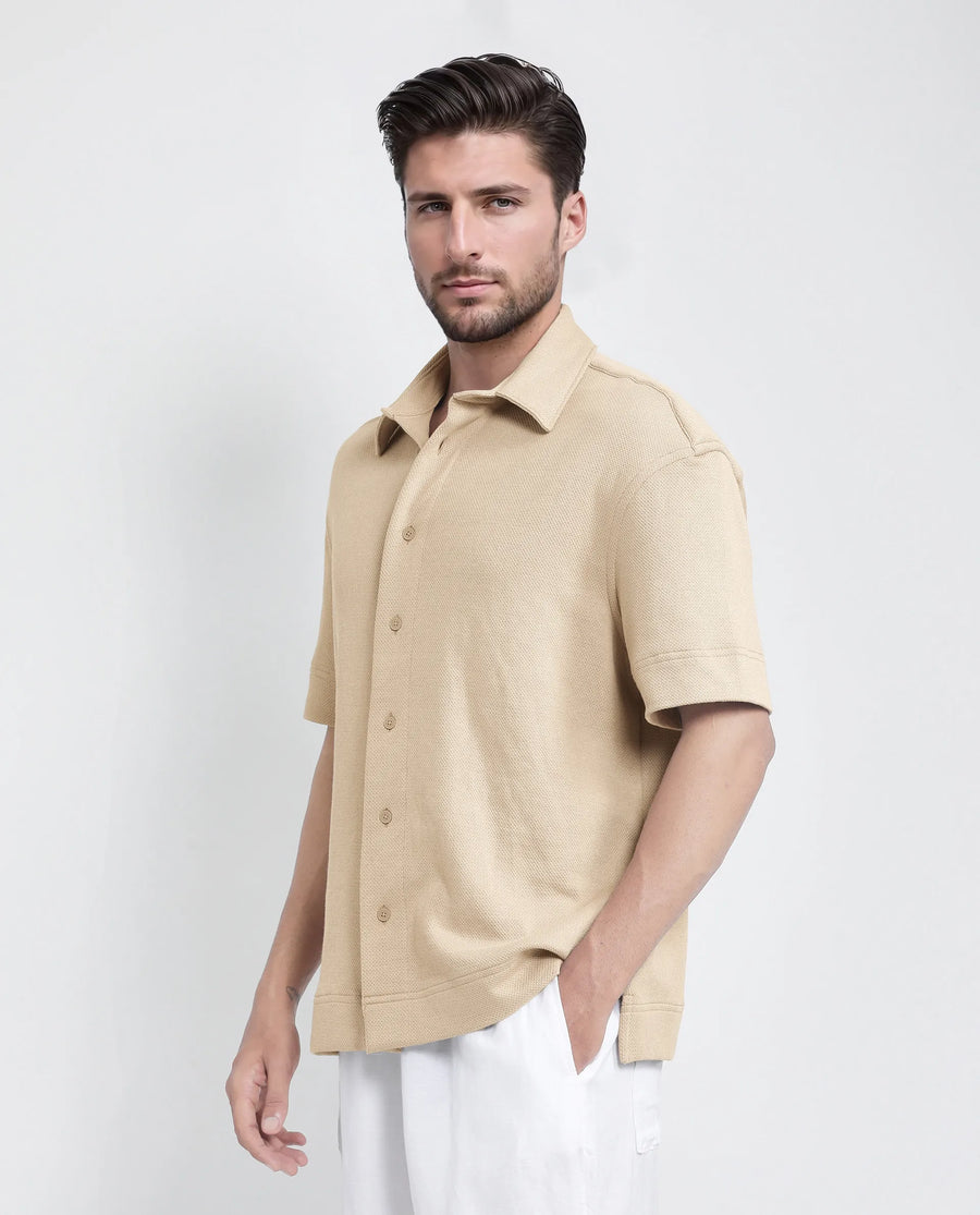 Rare Rabbit Men's Kash Beige Viscose Plain Boxy Fit Half Sleeve Collared Shirt