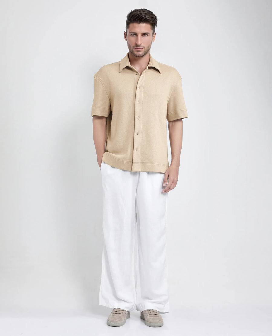 Rare Rabbit Men's Kash Beige Viscose Plain Boxy Fit Half Sleeve Collared Shirt