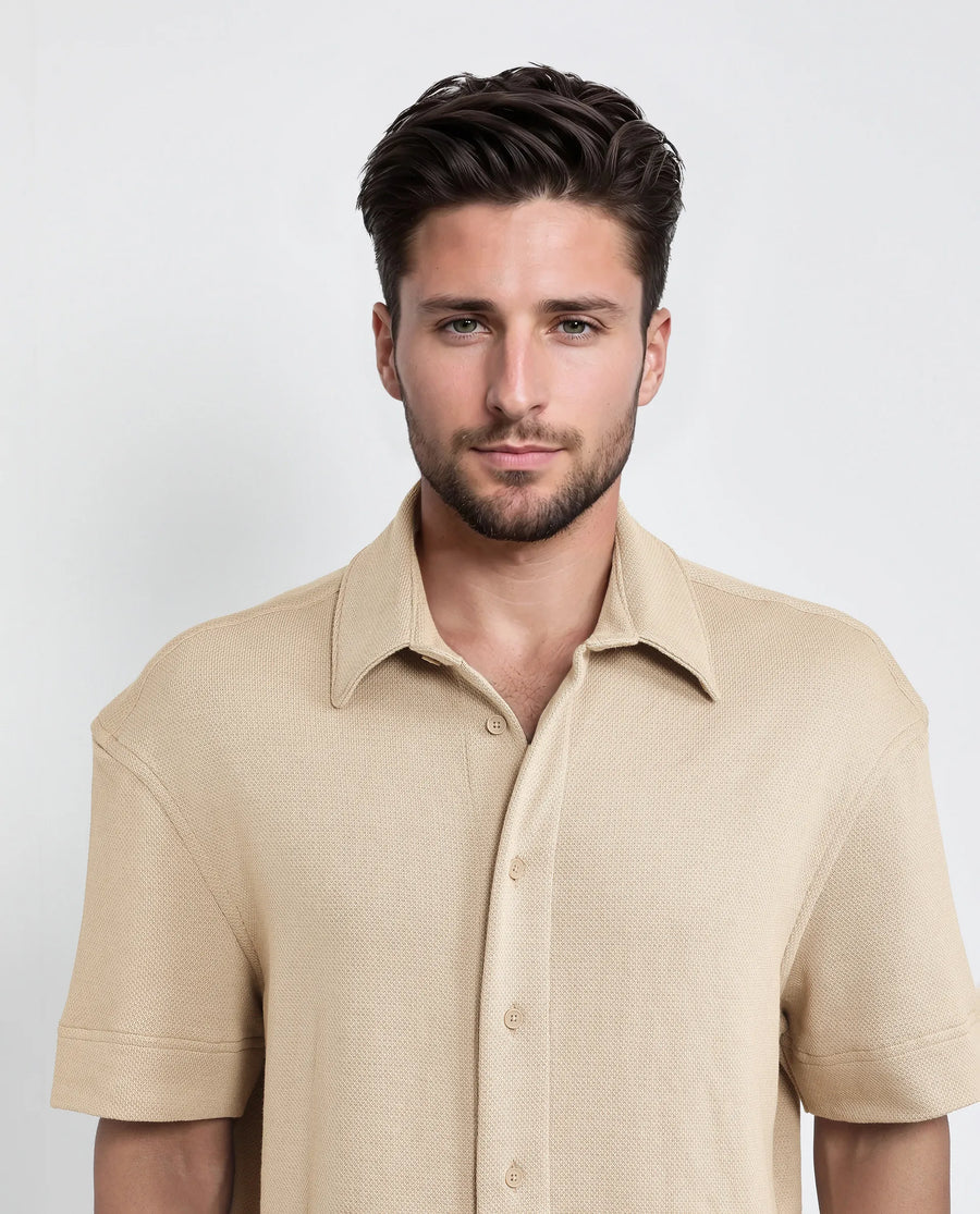 Rare Rabbit Men's Kash Beige Viscose Plain Boxy Fit Half Sleeve Collared Shirt