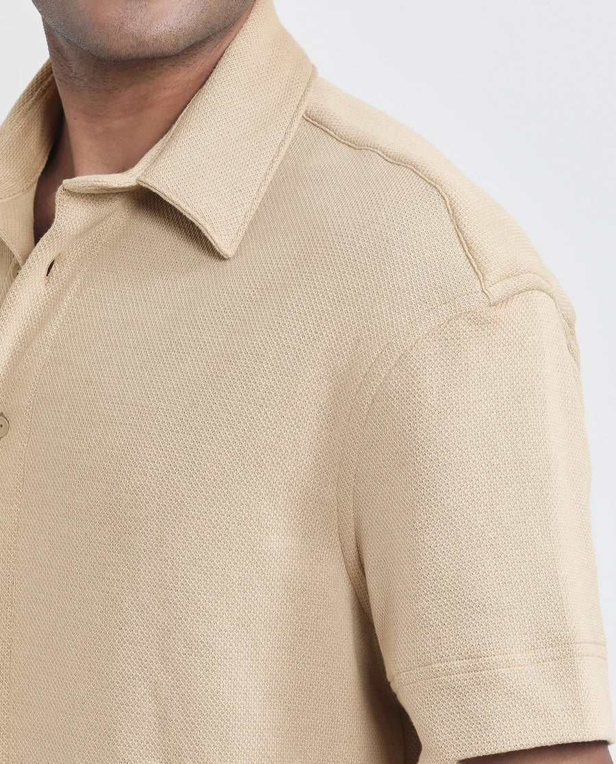Rare Rabbit Men's Kash Beige Viscose Plain Boxy Fit Half Sleeve Collared Shirt