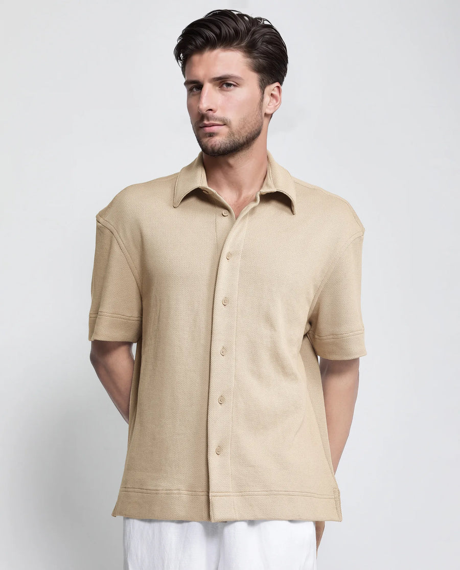 Rare Rabbit Men's Kash Beige Viscose Plain Boxy Fit Half Sleeve Collared Shirt