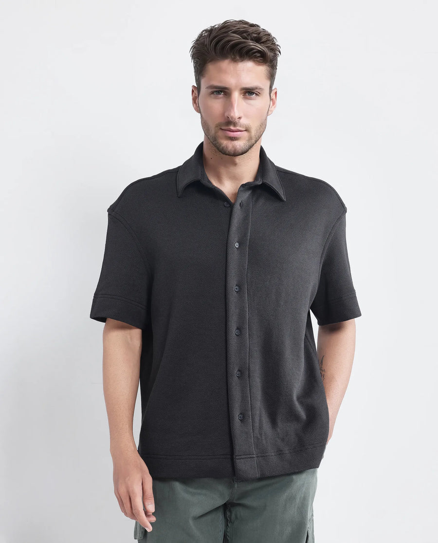 Rare Rabbit Men's Kash Black Viscose Plain Boxy Fit Half Sleeve Collared Shirt