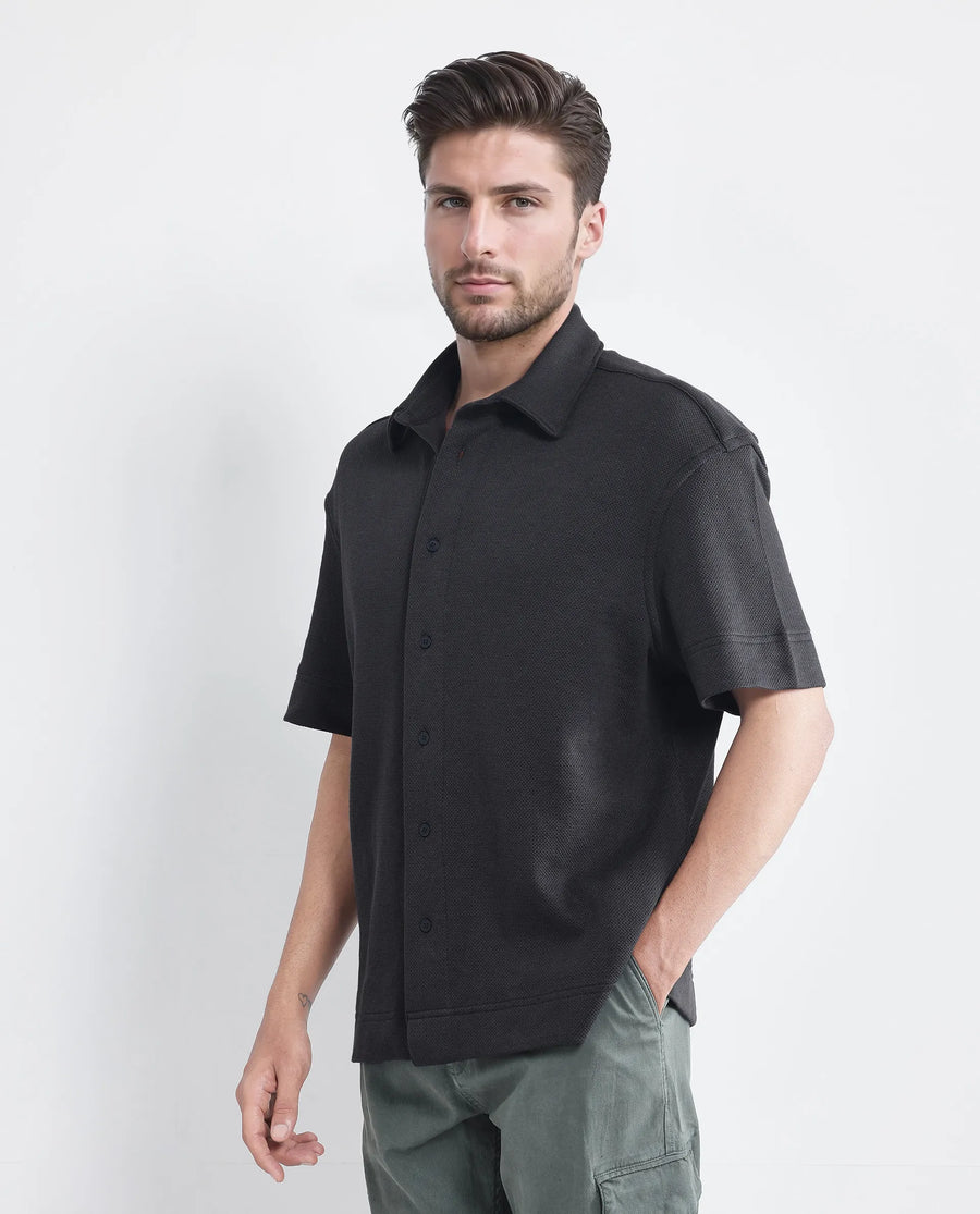 Rare Rabbit Men's Kash Black Viscose Plain Boxy Fit Half Sleeve Collared Shirt