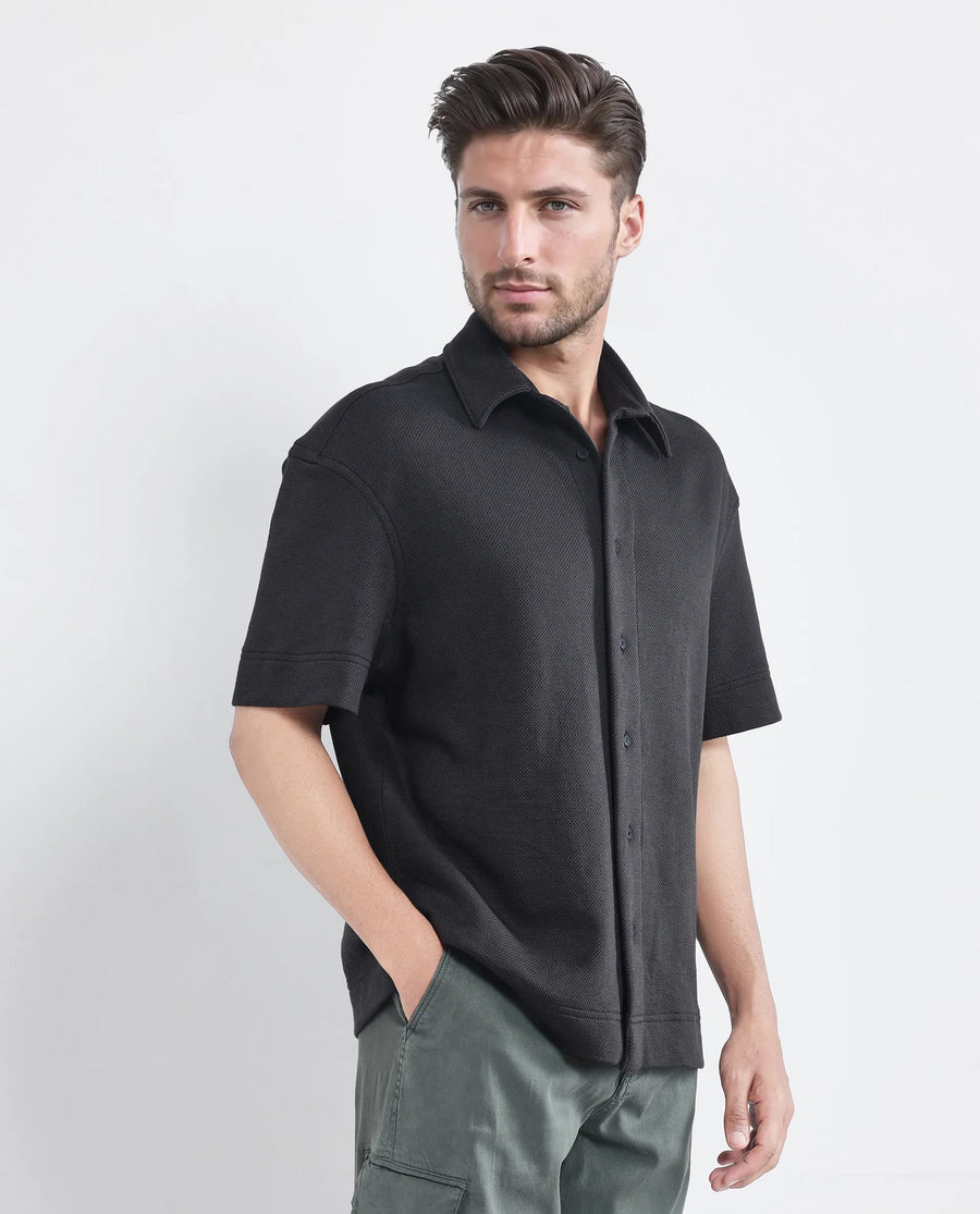 Rare Rabbit Men's Kash Black Viscose Plain Boxy Fit Half Sleeve Collared Shirt