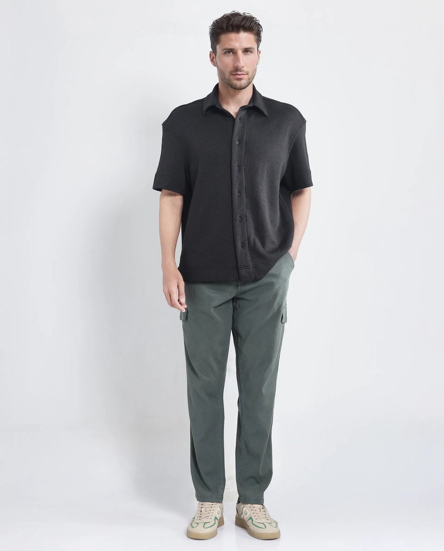 Rare Rabbit Men's Kash Black Viscose Plain Boxy Fit Half Sleeve Collared Shirt