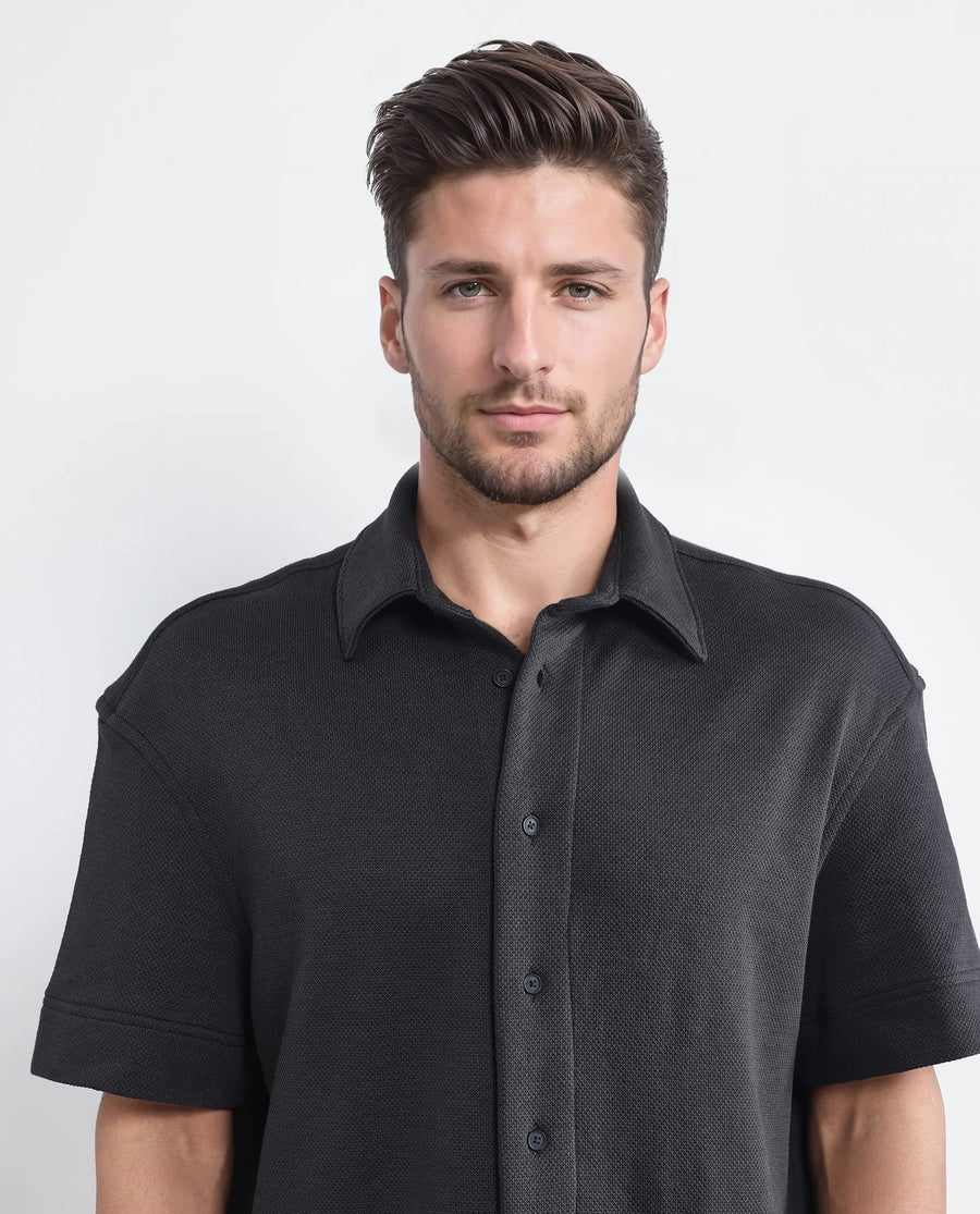 Rare Rabbit Men's Kash Black Viscose Plain Boxy Fit Half Sleeve Collared Shirt