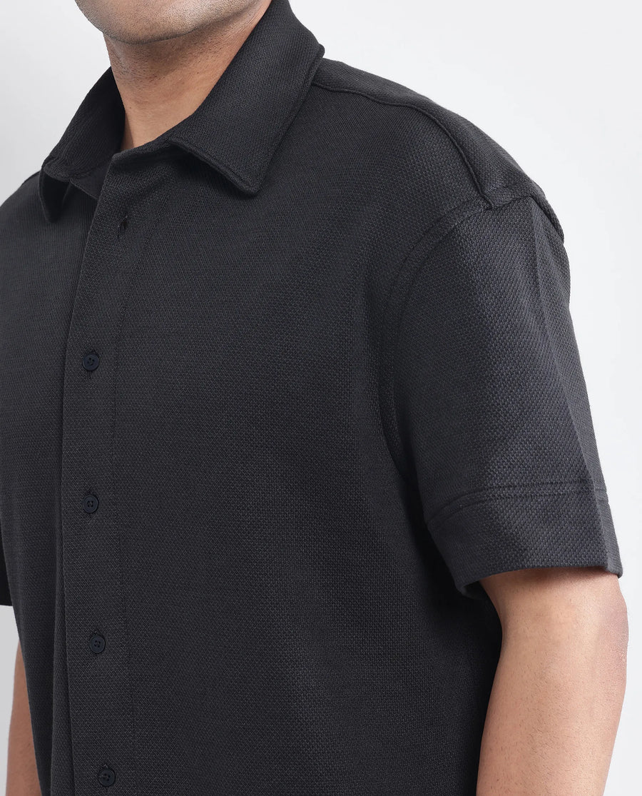 Rare Rabbit Men's Kash Black Viscose Plain Boxy Fit Half Sleeve Collared Shirt