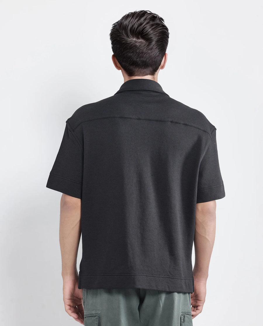 Rare Rabbit Men's Kash Black Viscose Plain Boxy Fit Half Sleeve Collared Shirt