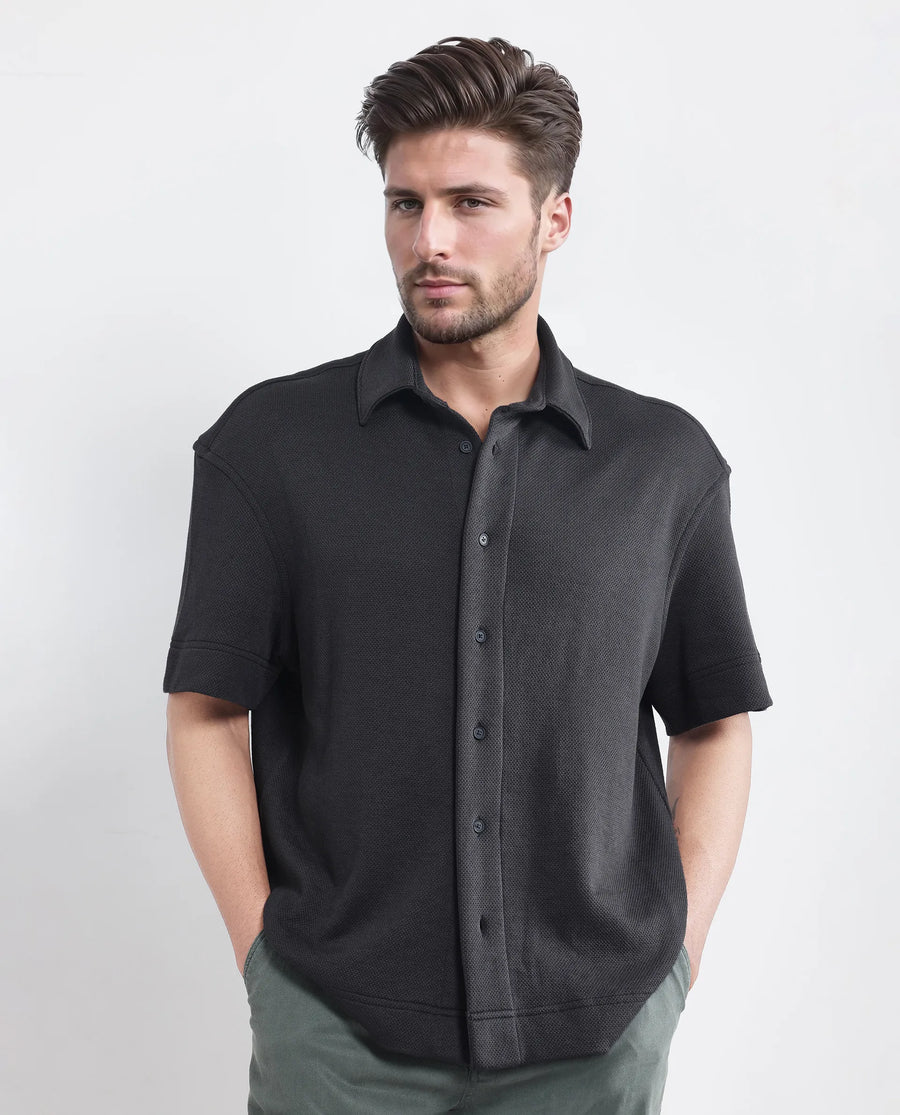 Rare Rabbit Men's Kash Black Viscose Plain Boxy Fit Half Sleeve Collared Shirt