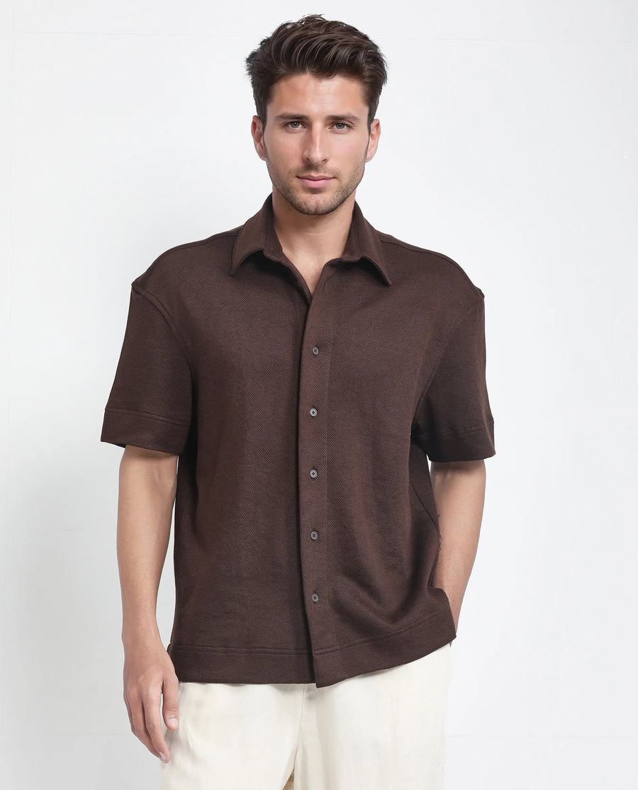 Rare Rabbit Men's Kash Brown Viscose Plain Boxy Fit Half Sleeve Collared Shirt