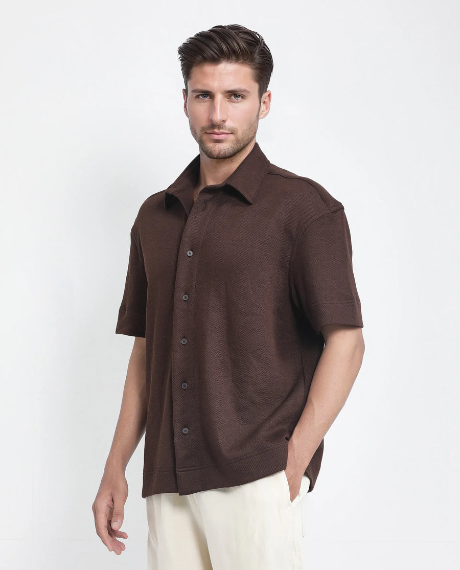 Rare Rabbit Men's Kash Brown Viscose Plain Boxy Fit Half Sleeve Collared Shirt