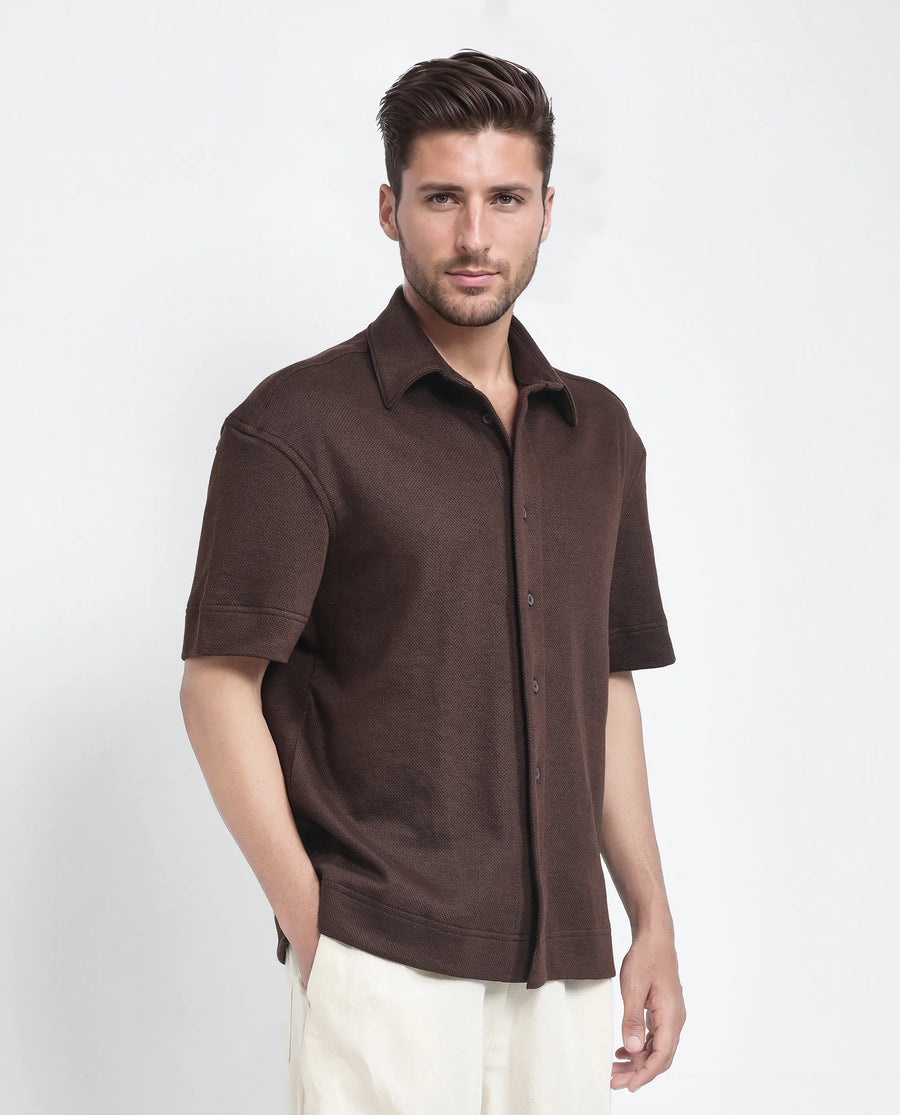Rare Rabbit Men's Kash Brown Viscose Plain Boxy Fit Half Sleeve Collared Shirt