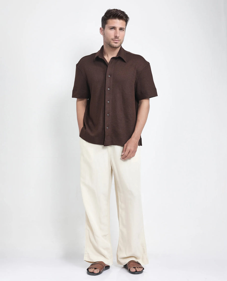 Rare Rabbit Men's Kash Brown Viscose Plain Boxy Fit Half Sleeve Collared Shirt