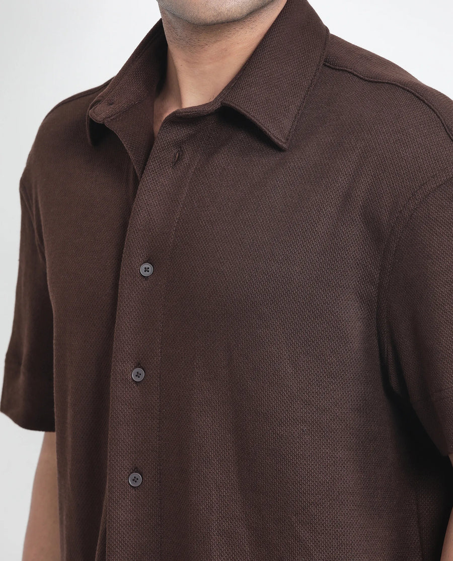 Rare Rabbit Men's Kash Brown Viscose Plain Boxy Fit Half Sleeve Collared Shirt