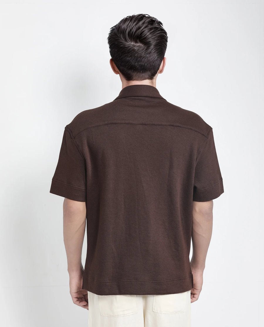 Rare Rabbit Men's Kash Brown Viscose Plain Boxy Fit Half Sleeve Collared Shirt