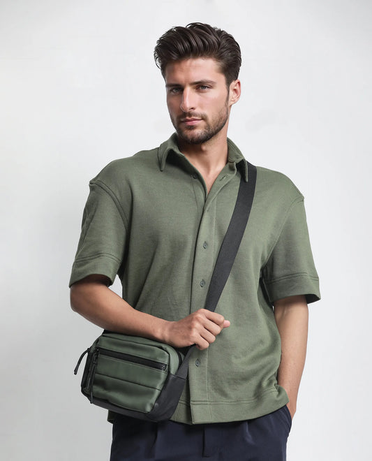 Rare Rabbit Men's Kash Dark Green Viscose Plain Boxy Fit Half Sleeve Collared Shirt