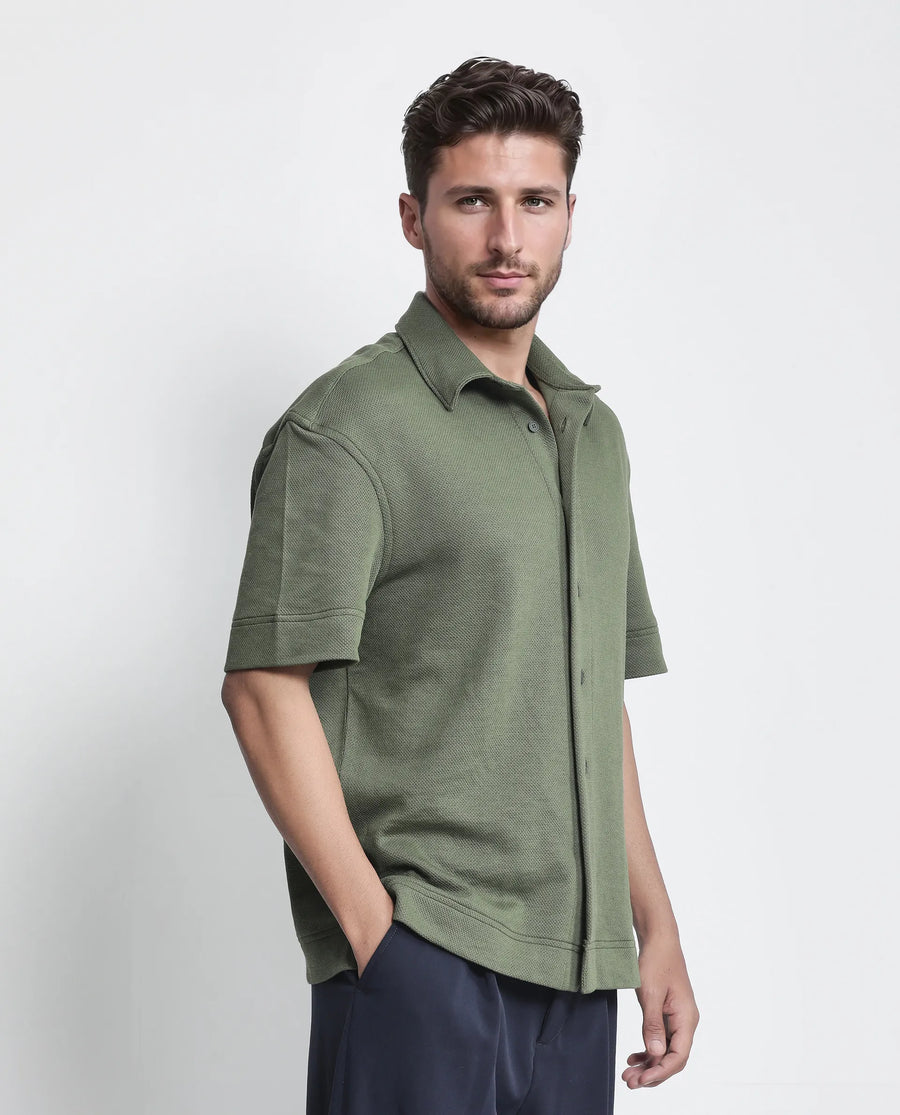Rare Rabbit Men's Kash Dark Green Viscose Plain Boxy Fit Half Sleeve Collared Shirt