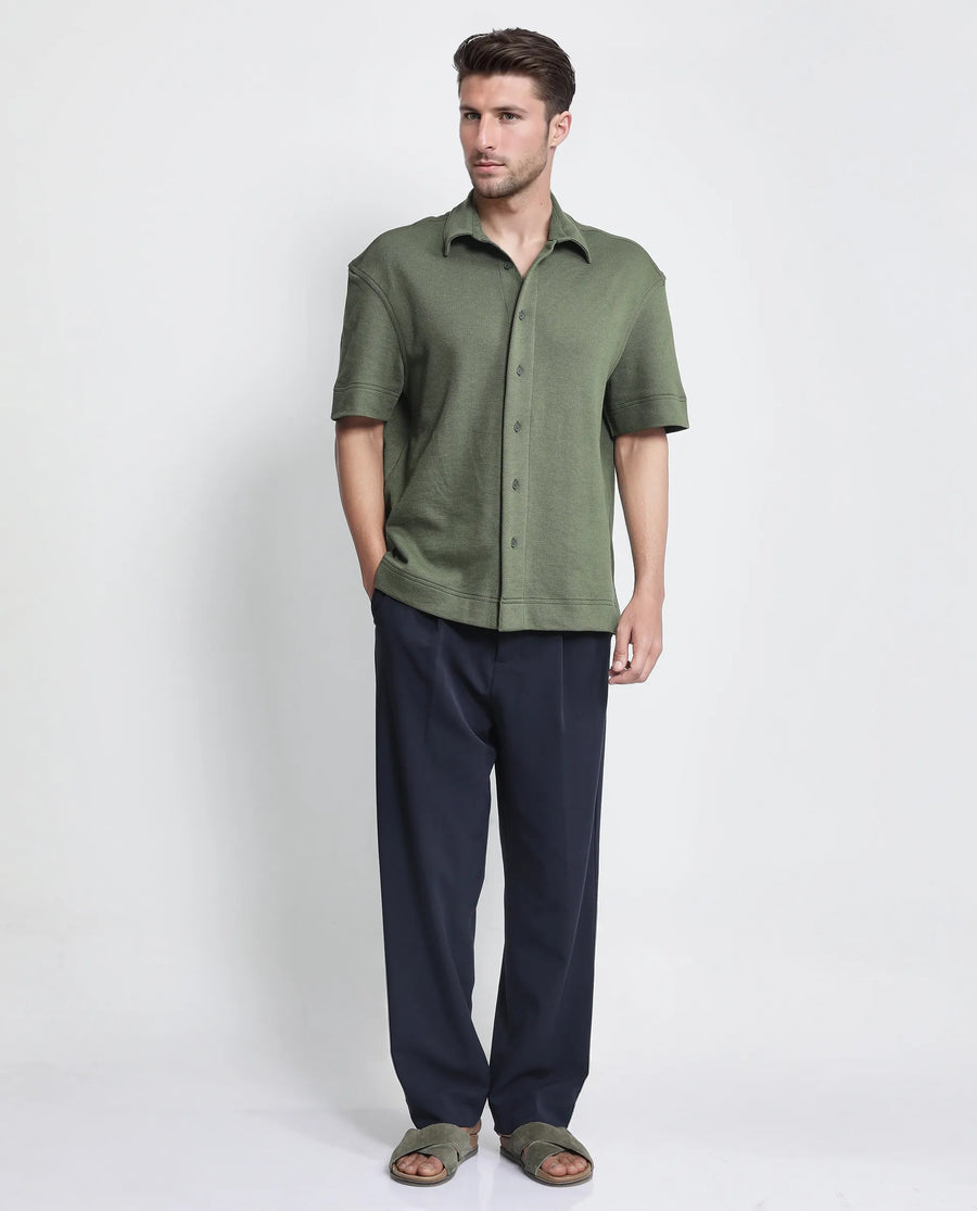 Rare Rabbit Men's Kash Dark Green Viscose Plain Boxy Fit Half Sleeve Collared Shirt