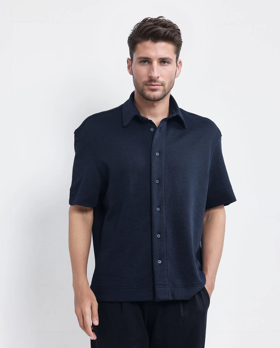 Rare Rabbit Men's Kash Navy Viscose Plain Boxy Fit Half Sleeve Collared Shirt