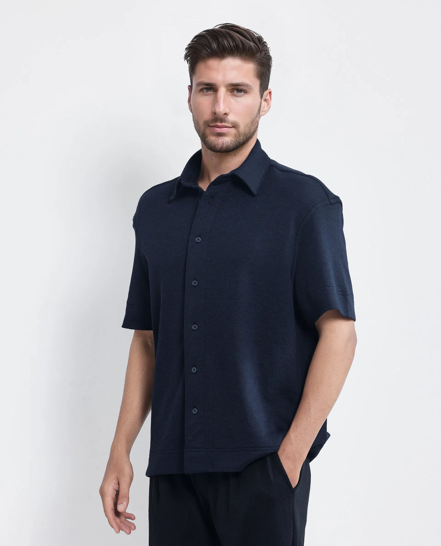 Rare Rabbit Men's Kash Navy Viscose Plain Boxy Fit Half Sleeve Collared Shirt