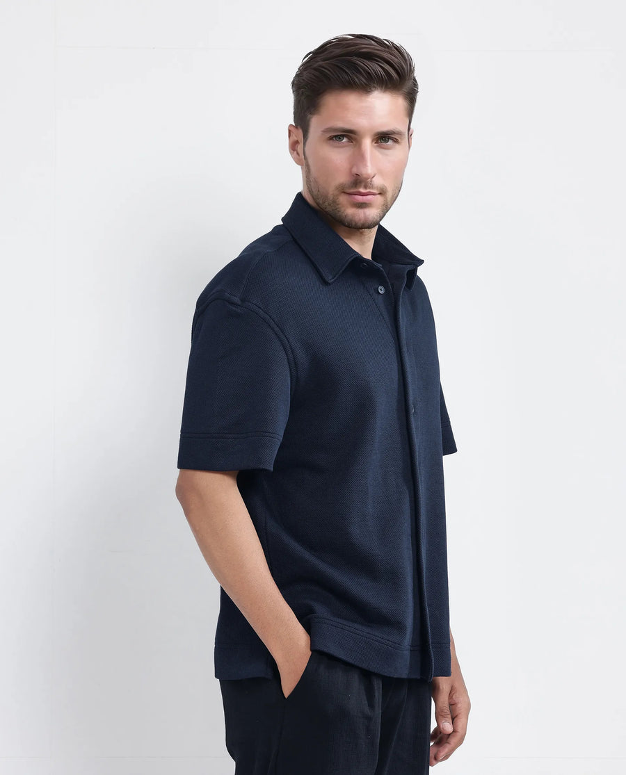 Rare Rabbit Men's Kash Navy Viscose Plain Boxy Fit Half Sleeve Collared Shirt