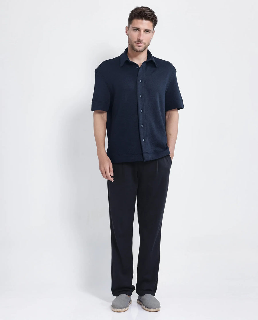 Rare Rabbit Men's Kash Navy Viscose Plain Boxy Fit Half Sleeve Collared Shirt
