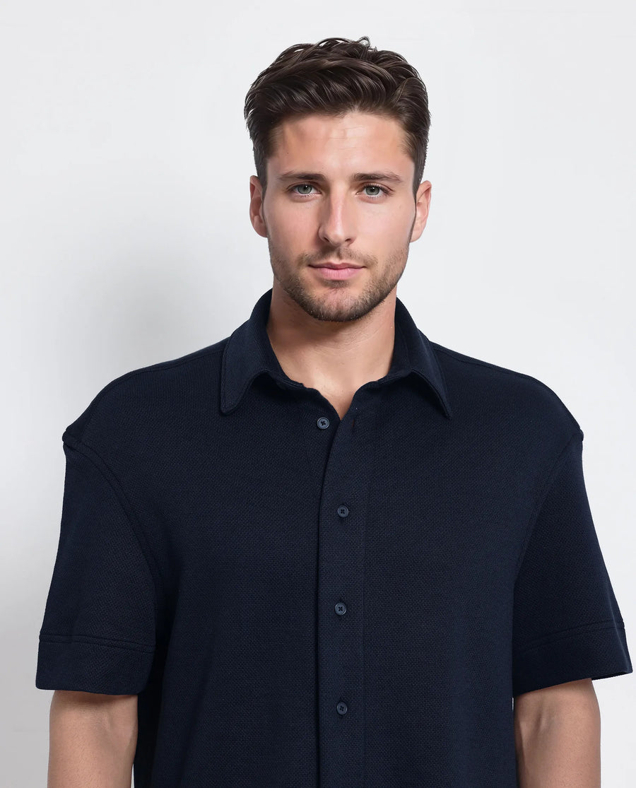 Rare Rabbit Men's Kash Navy Viscose Plain Boxy Fit Half Sleeve Collared Shirt
