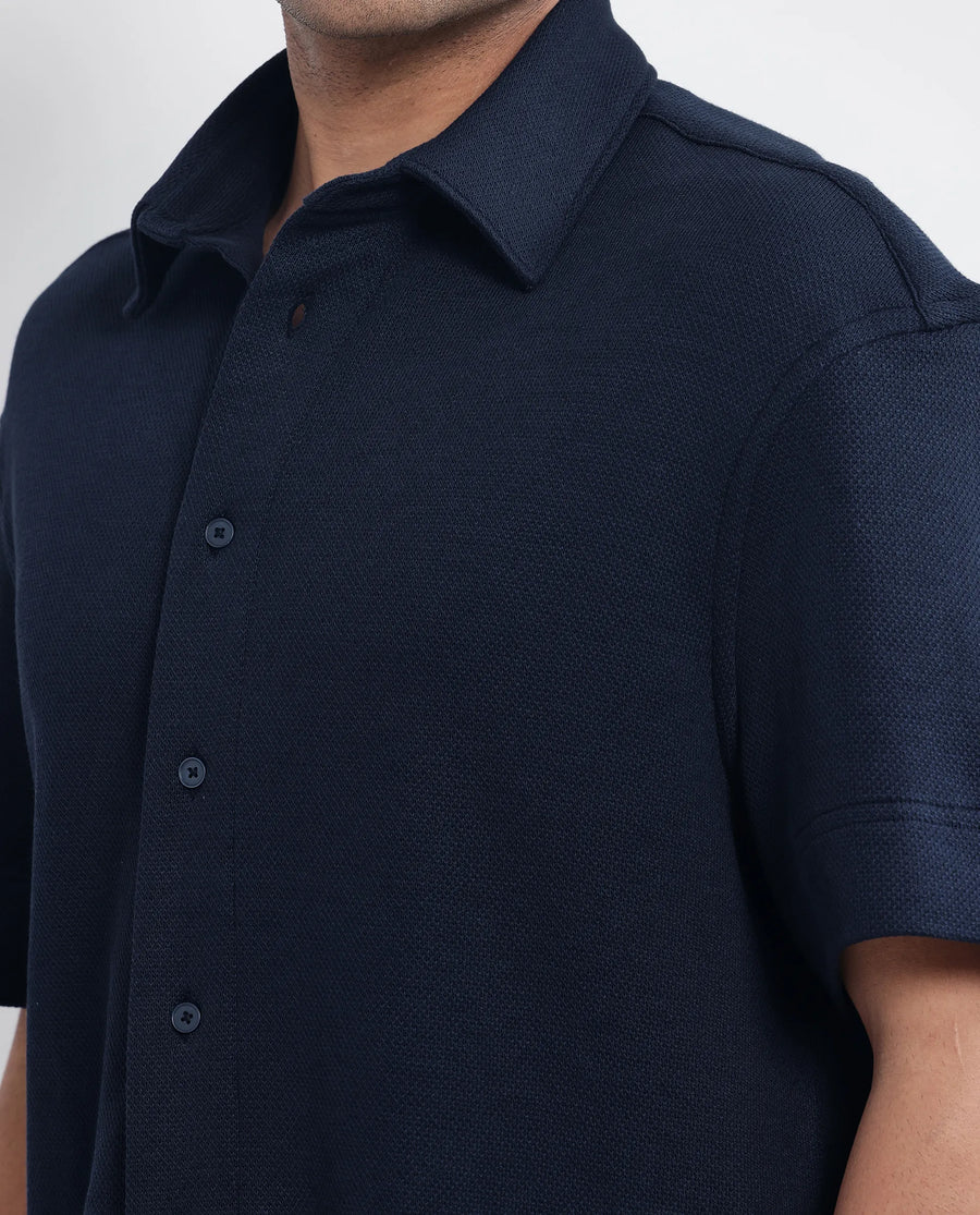 Rare Rabbit Men's Kash Navy Viscose Plain Boxy Fit Half Sleeve Collared Shirt