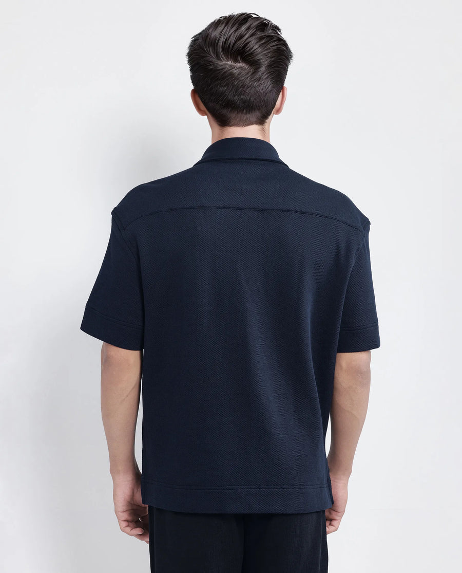 Rare Rabbit Men's Kash Navy Viscose Plain Boxy Fit Half Sleeve Collared Shirt