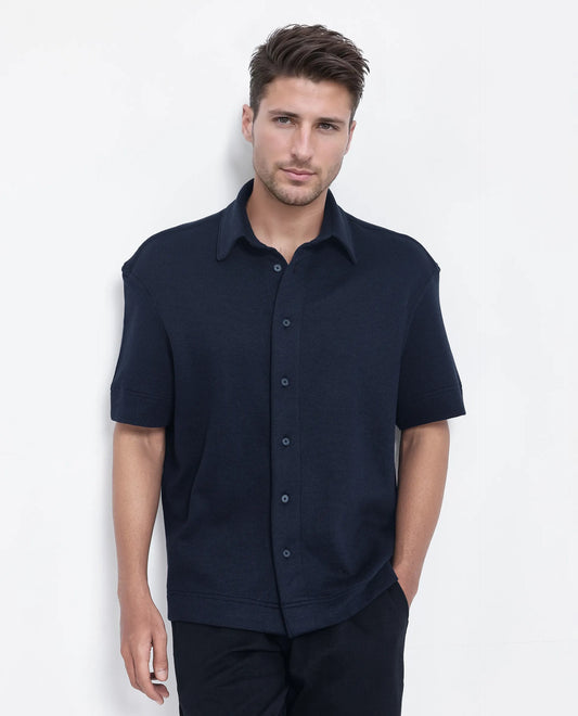 Rare Rabbit Men's Kash Navy Viscose Plain Boxy Fit Half Sleeve Collared Shirt