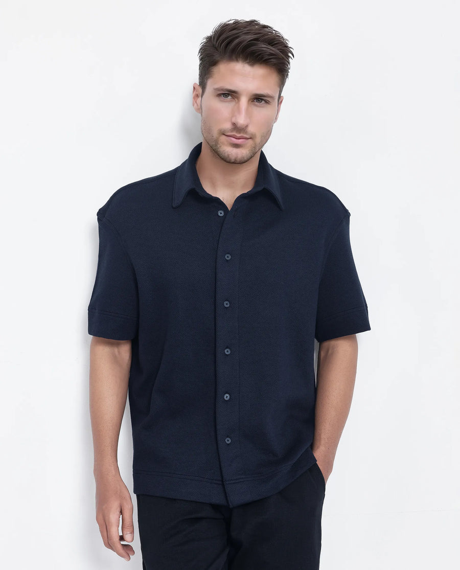 Rare Rabbit Men's Kash Navy Viscose Plain Boxy Fit Half Sleeve Collared Shirt