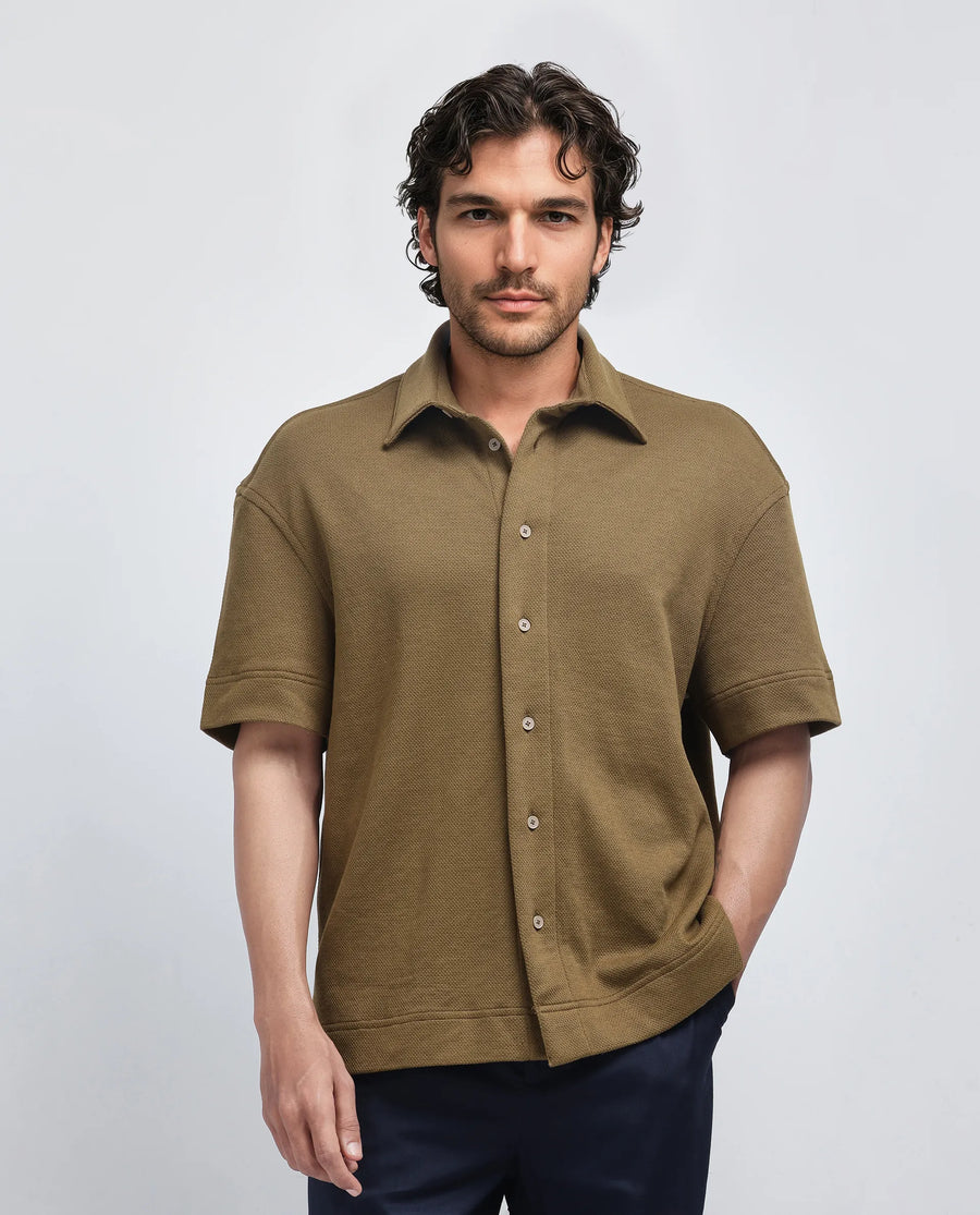Rare Rabbit Men's Kash Olive Viscose Plain Boxy Fit Half Sleeve Collared Shirt