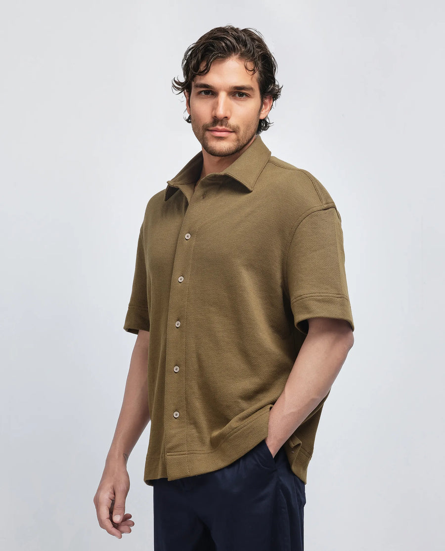 Rare Rabbit Men's Kash Olive Viscose Plain Boxy Fit Half Sleeve Collared Shirt