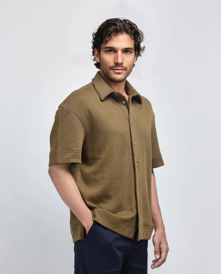 Rare Rabbit Men's Kash Olive Viscose Plain Boxy Fit Half Sleeve Collared Shirt