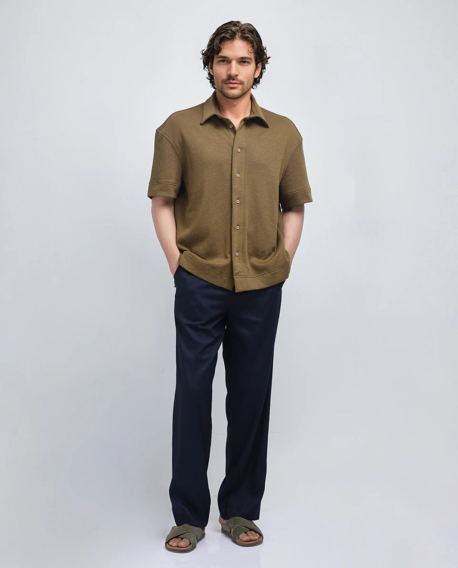 Rare Rabbit Men's Kash Olive Viscose Plain Boxy Fit Half Sleeve Collared Shirt