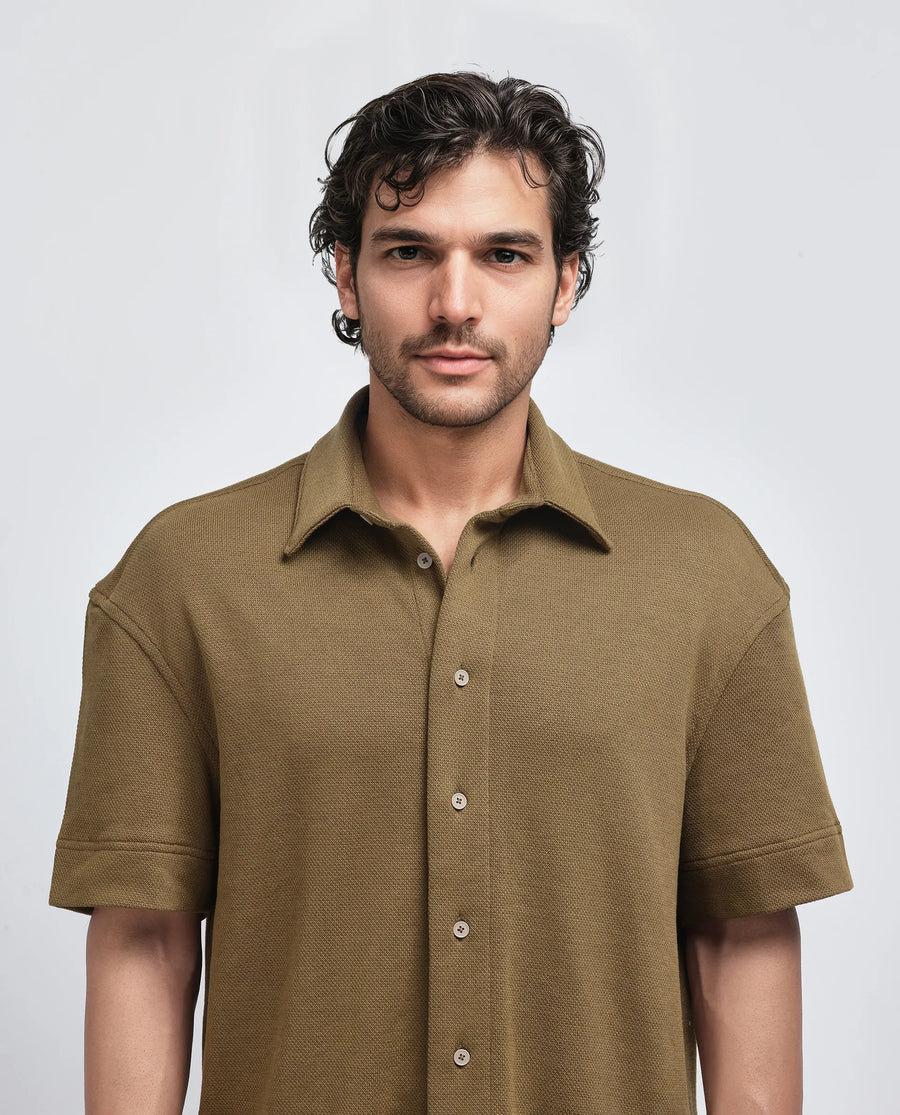 Rare Rabbit Men's Kash Olive Viscose Plain Boxy Fit Half Sleeve Collared Shirt