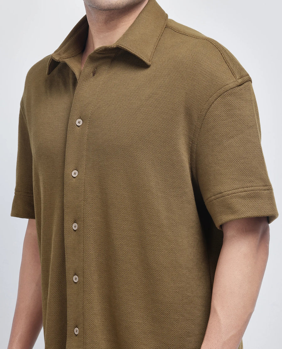 Rare Rabbit Men's Kash Olive Viscose Plain Boxy Fit Half Sleeve Collared Shirt