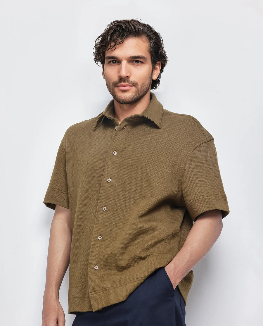 Rare Rabbit Men's Kash Olive Viscose Plain Boxy Fit Half Sleeve Collared Shirt