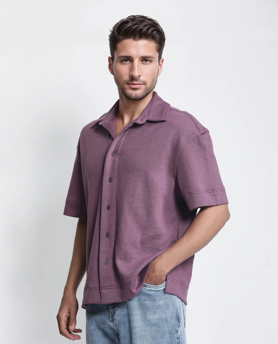 Rare Rabbit Men's Kash Purple Viscose Plain Boxy Fit Half Sleeve Collared Shirt