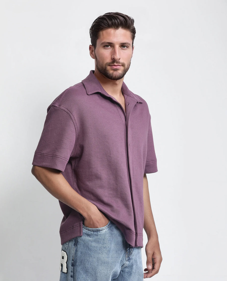 Rare Rabbit Men's Kash Purple Viscose Plain Boxy Fit Half Sleeve Collared Shirt