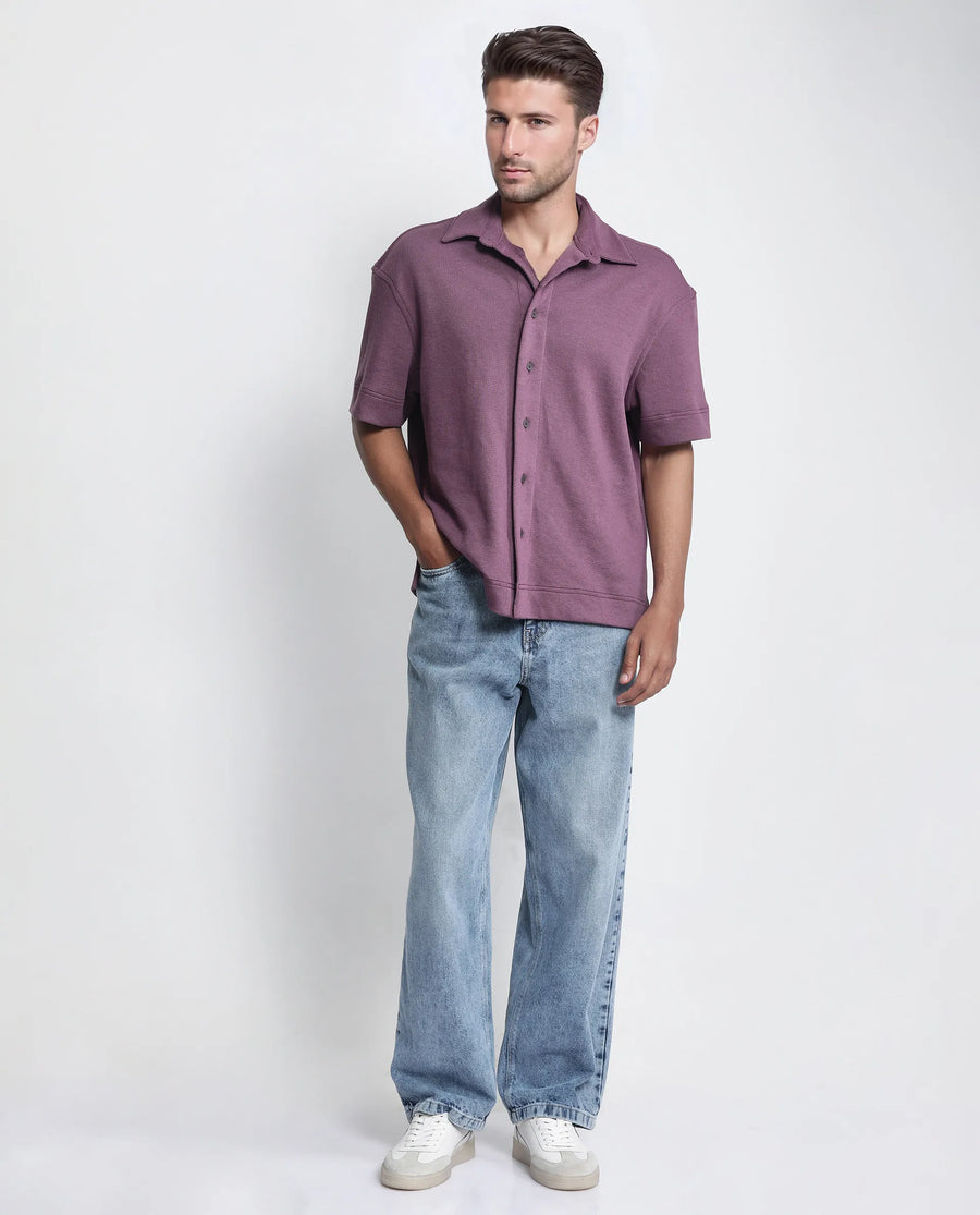 Rare Rabbit Men's Kash Purple Viscose Plain Boxy Fit Half Sleeve Collared Shirt