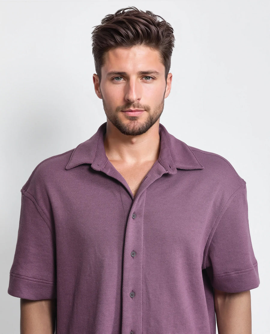 Rare Rabbit Men's Kash Purple Viscose Plain Boxy Fit Half Sleeve Collared Shirt