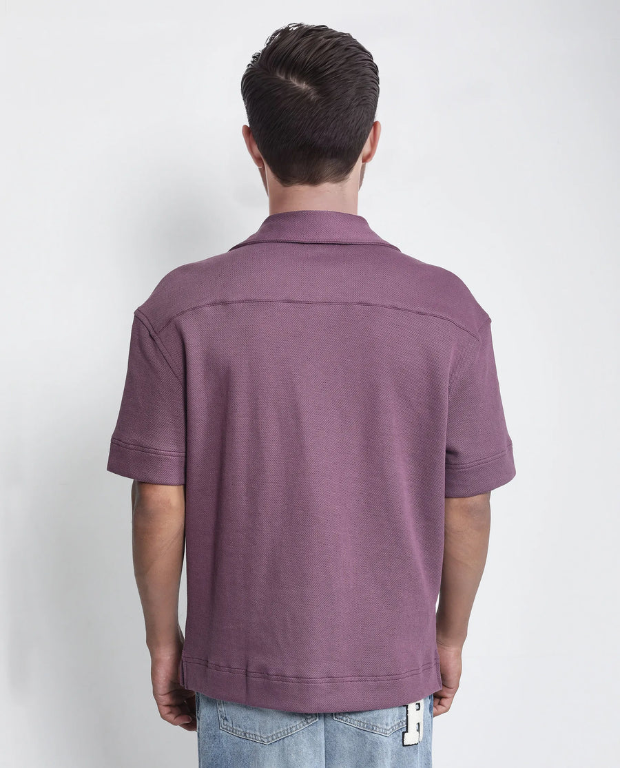 Rare Rabbit Men's Kash Purple Viscose Plain Boxy Fit Half Sleeve Collared Shirt