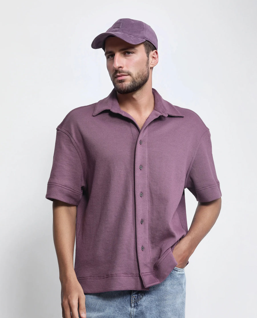 Rare Rabbit Men's Kash Purple Viscose Plain Boxy Fit Half Sleeve Collared Shirt