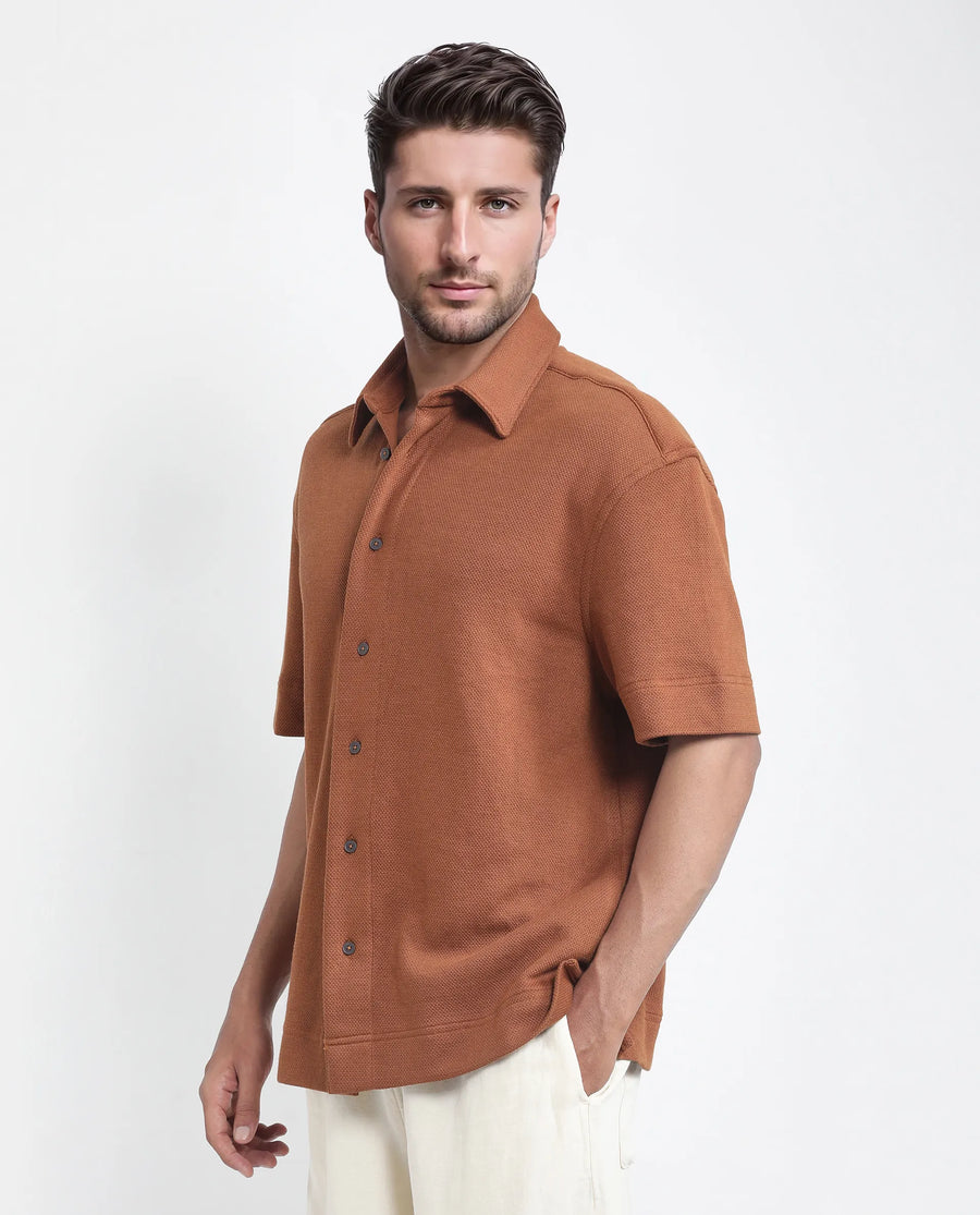 Rare Rabbit Men's Kash Rust Viscose Plain Boxy Fit Half Sleeve Collared Shirt